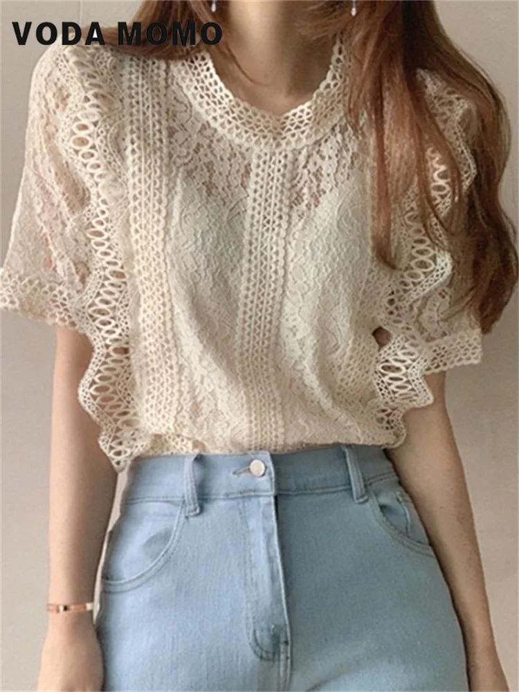 Summer Korean Chic Top Cropped Shirts Women Short Sleeve O-Neck Casual Lace Hollow Out Elegant Fashion Retro All-match Slim