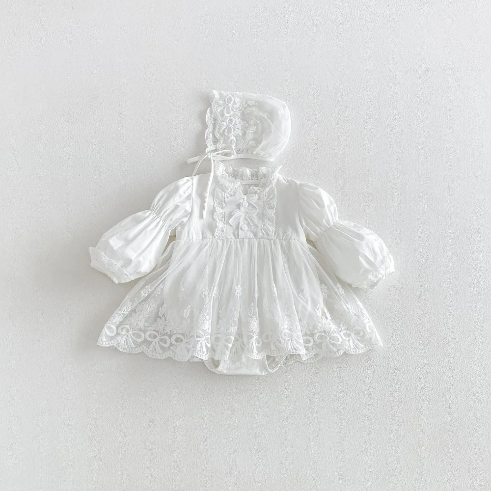 2026 Autumn Baby Girl Dress Romper 0-2Years Newborn Princess Solid Color Puff Sleeve Bow Lace Skirted Bodysuit Hat 2PCS Clothes
