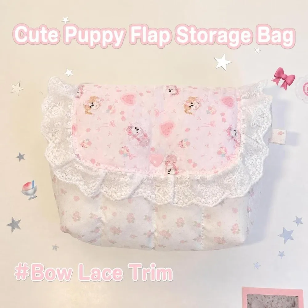 Multifunctional Bear/Puppy/Strawberry Print Pencil Case Quilted Large Capacity Lace Pen Bag Lace Flap Makeup Bag