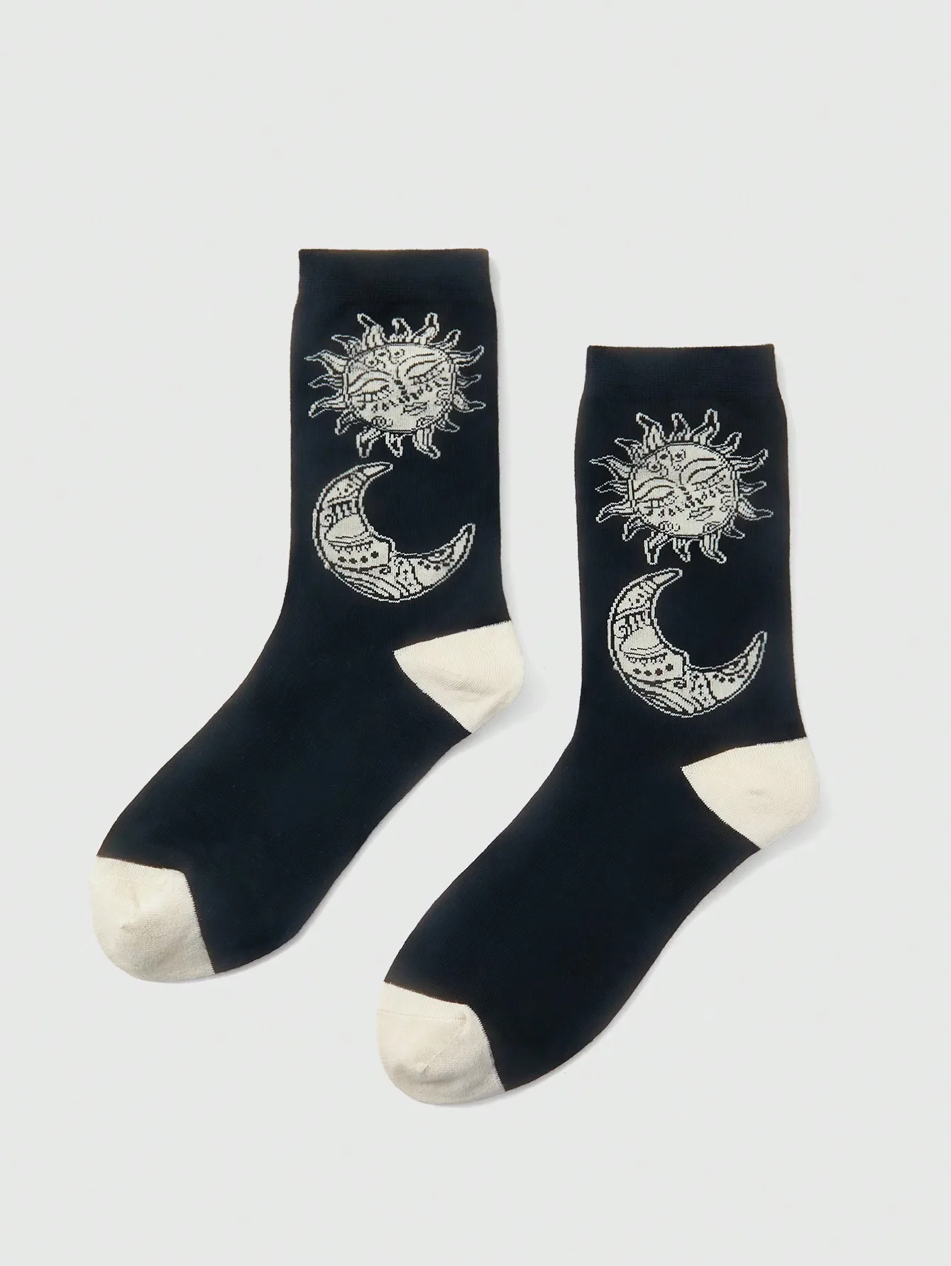 5 pairs Sun Moon Face Pattern Crew Socks Black Beige Contrast Toe Cotton Witchy Vintage  Unisex Daily Mid Calf Socks