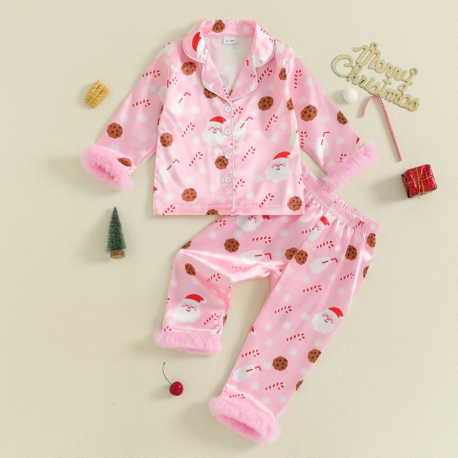Kerstpyjama voor peutermeisjes Kerstman Melkprint Revers Lange mouw Button-down tops met broek Satijn Twee stukken nachtkleding