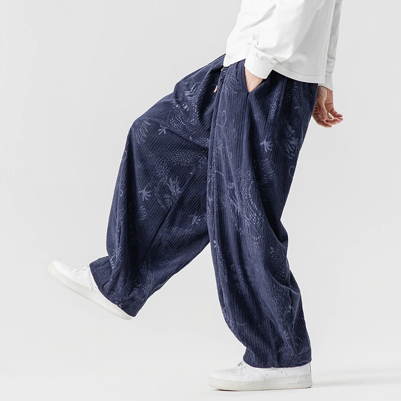 2026 Plus Size Men's Corduroy Harem Pants Dragon Pattern Elastic Waist Drawstring Oversized Spring Autumn Loose Fit Kimono Pants