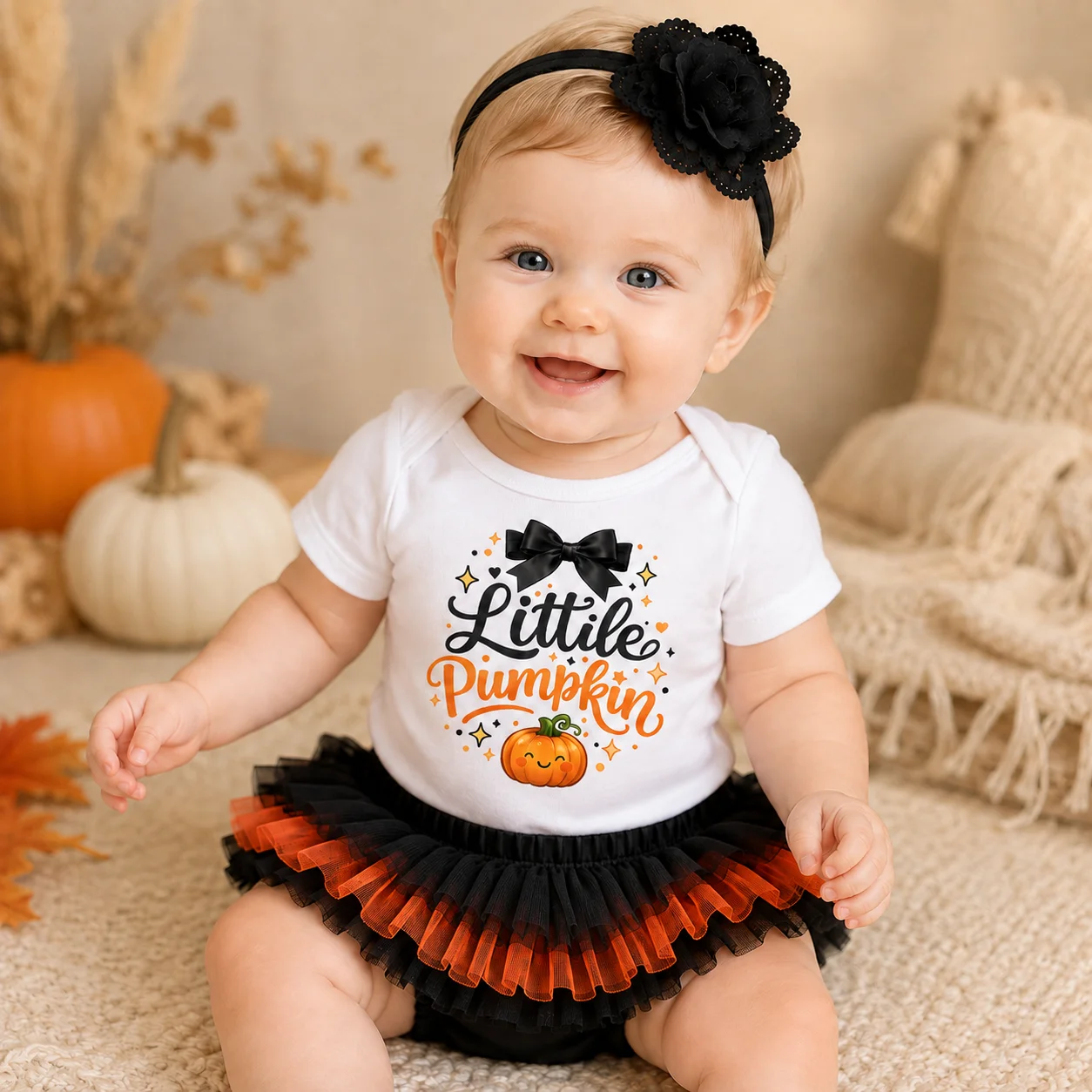 Traje de Halloween para Bebé Pequeño en Forma de Calabaza, Body de Manga Corta para Bebé, Falda Tutú Negra y Naranja, Diadema, 3 Piezas, Disfraz de Otoño y Acción de Gracias