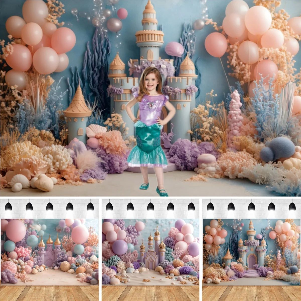 خلفيات حورية البحر للأطفال للصور الفوتوغرافية على شكل قلعة المحيط بالونات لحفلات أعياد الميلاد وحفلات استقبال المولود الجديد وخلفيات التصوير الفوتوغرافي