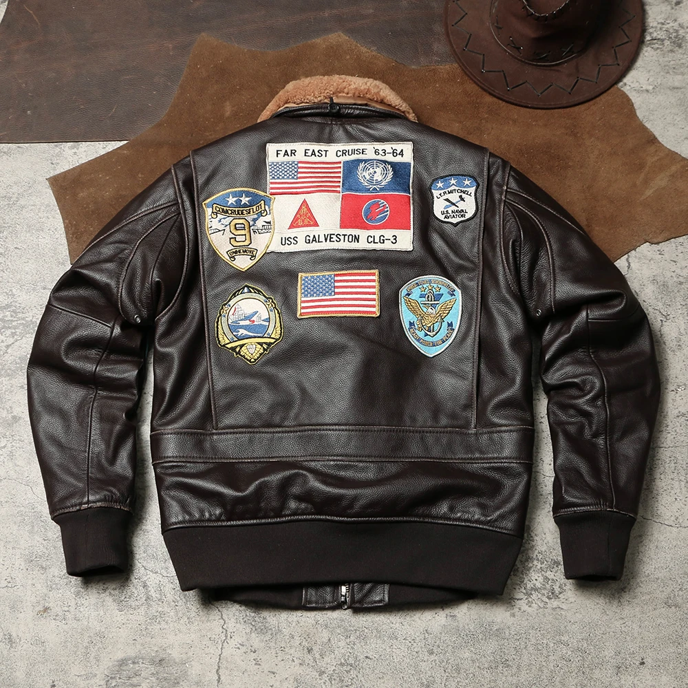 New Top Gun G1 Bomber Jackets Brown Black Embroidery Logo Classic Tom Cruise Motorcycle Coat Lamb Collar For Men Cow Skin Coat