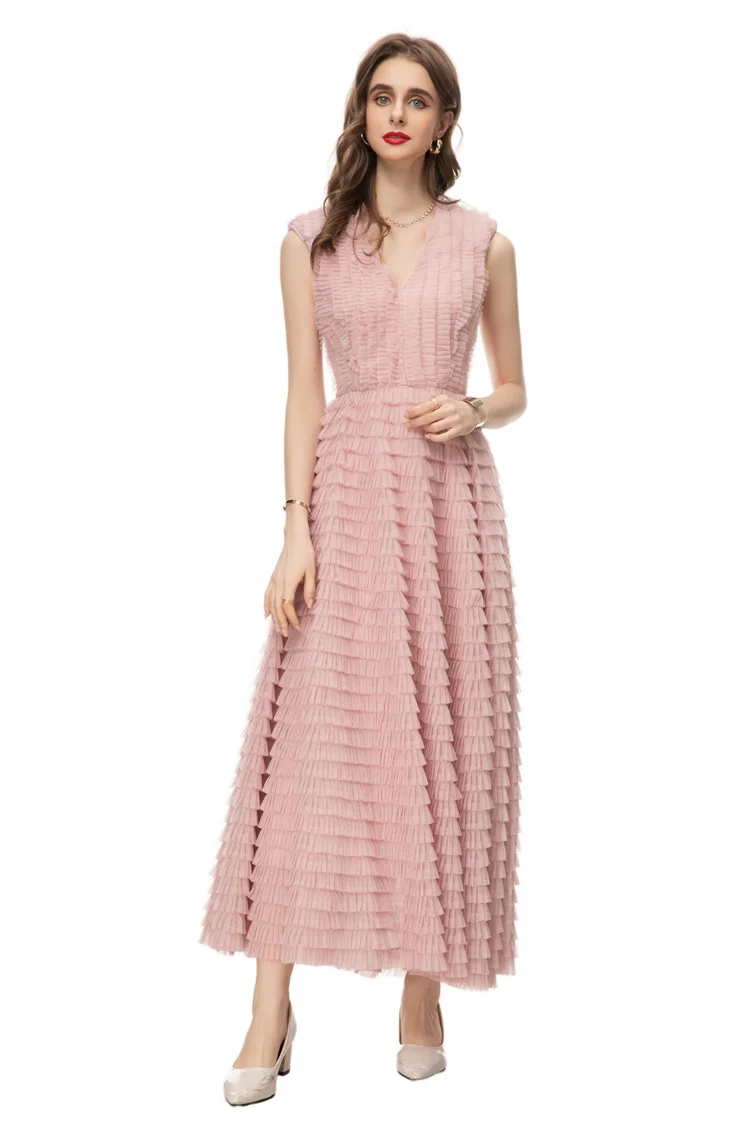 Spring Fashion Designer Pink Vintage Mesh Dress Women's V Neck Sleeveless Cascading Ruffles Slim A-LINE Vest Long Dress