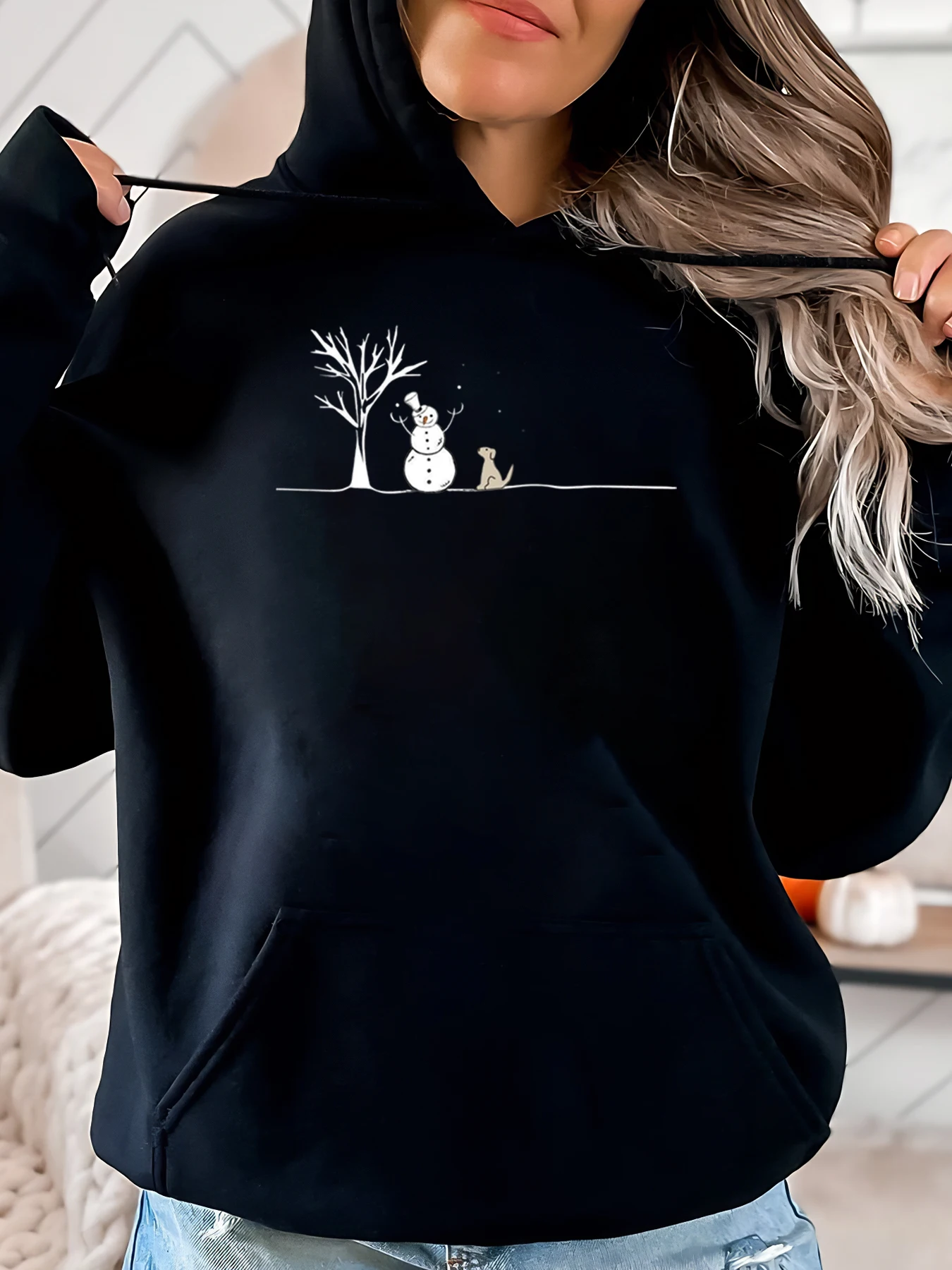 

Снеговик, дерево, кошка, зимний праздник, толстовка с принтом, женская повседневная одежда, черный, больших размеров