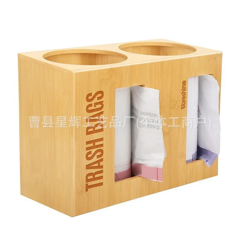 

wall mounted double-layer cling film storage box kitchen shopping bag sorting bin Bamboo and wood garbage bag storage boxes