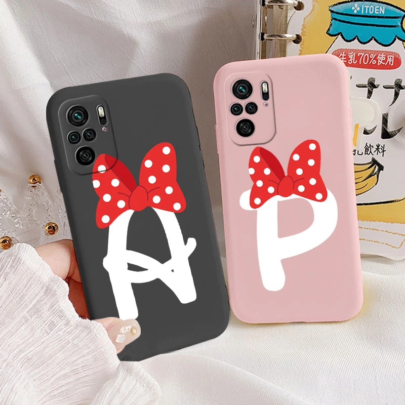 Case For Redmi Note 10 4G 10S Bumper Funda Lovely Pink Bow Letter Alphabet Soft Phone Cover For Xiaomi Redmi Note10 Couple Shell