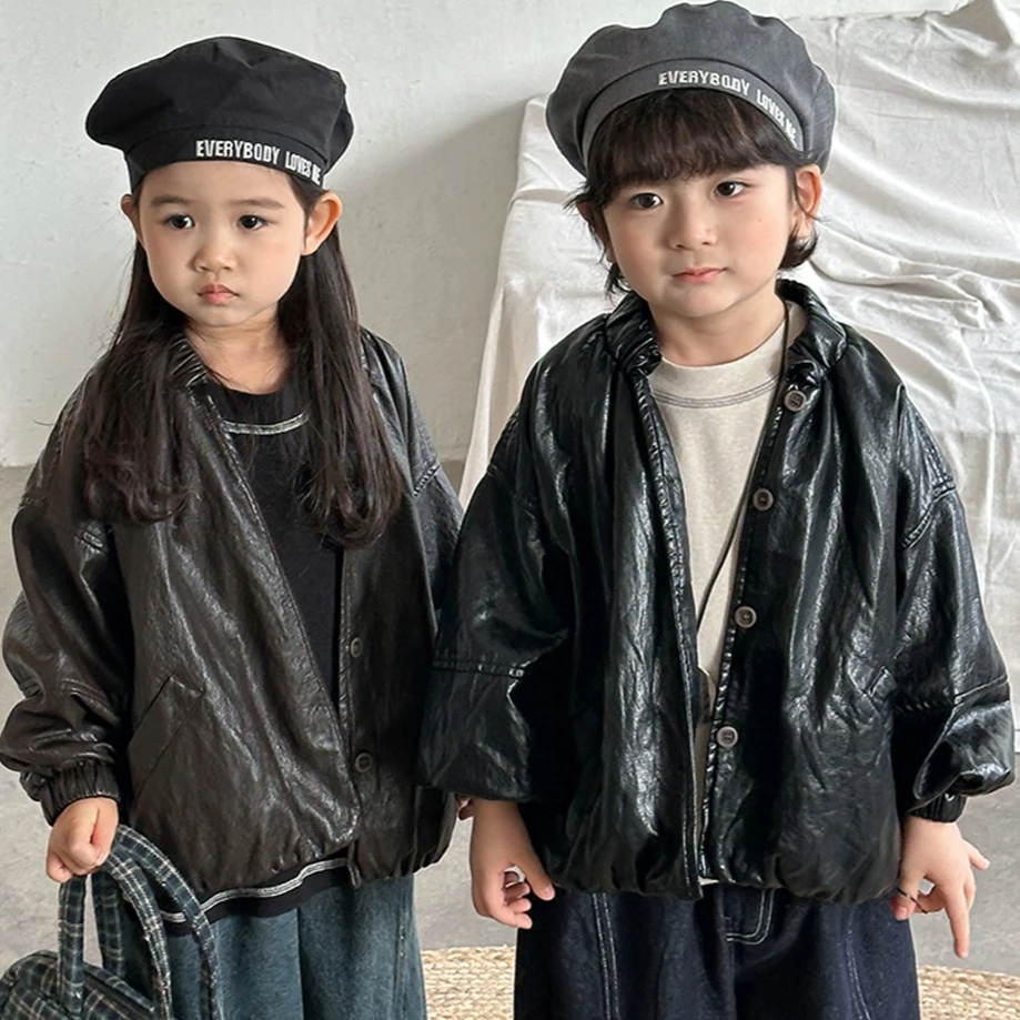 

Jacket 2025 Autumn New Children's Clothing Korean Style Boys and Girls Fashion Retro Bright Color Cotton Leather Coat Casual