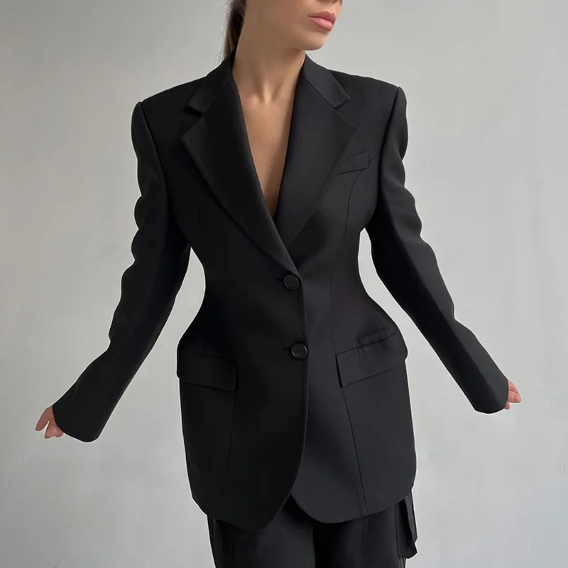 LEOSOXS Jesień 2025 Dopasowane Eleganckie Damskie Marynarki Formalne Długi Rękaw Eleganckie Blejzery Dekolt V Płaszcz Biurowy Damski Średniej Długości Płaszcze Garniturowe