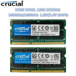 Crucial-memoria Ram DDR3 DDR3L para portátil, 16GB, 1600MHz, 1866MHz, PC3-12800, SODIMM, 1,35 V, 1,5 V, Notebook