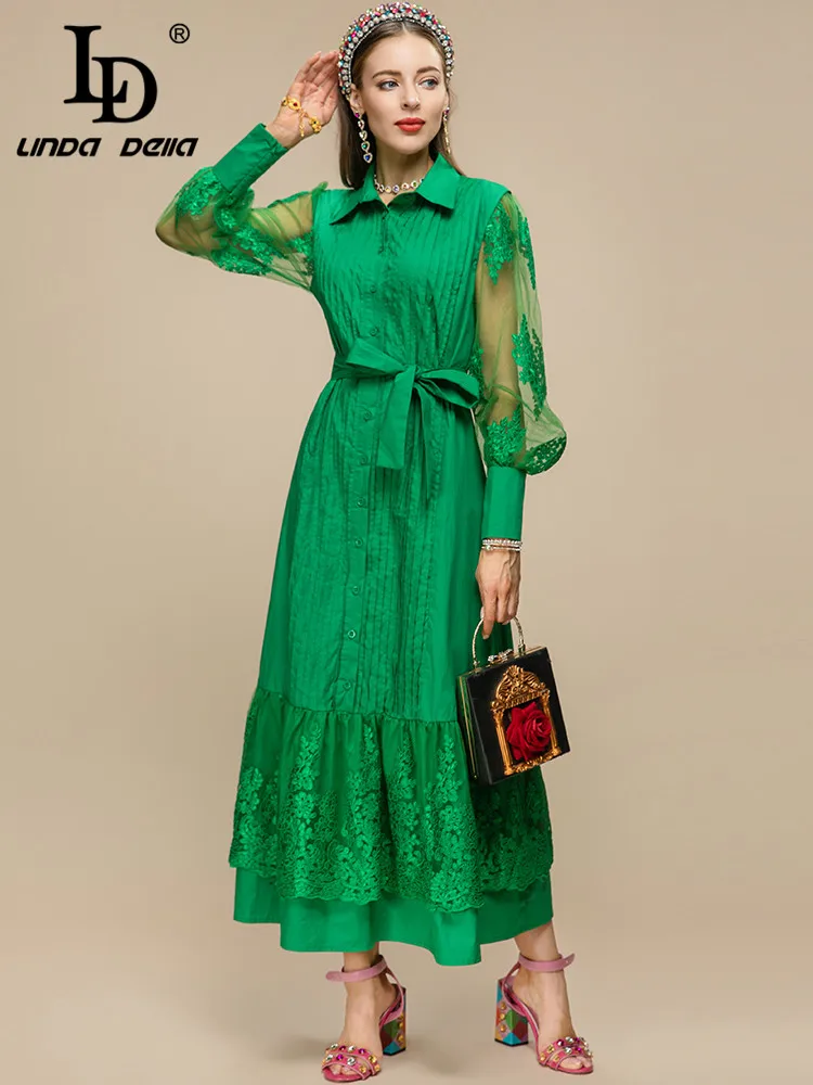 LD LINDA DELLA Summer Fashion Designer Dress Women's Mesh Lantern sleeve Floral embroidery green Vintage Party Long Dresses