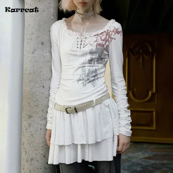 Karrcat Grunge estetica Graffiti Print Dress Vintage Fairycore Bandage abito corto Wasteland Punk abito da festa a maniche lunghe Y2k