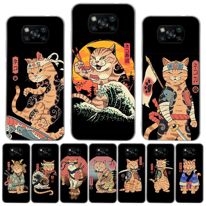 Ramen Sushi Samurai Tattoo Cat Silicon Call Phone Case For Xiaomi Poco X3 Nfc X5 X6 F6 F5 Pro M5S M5 X4 F4 GT M4 M3 F3 F2 F1 M2 