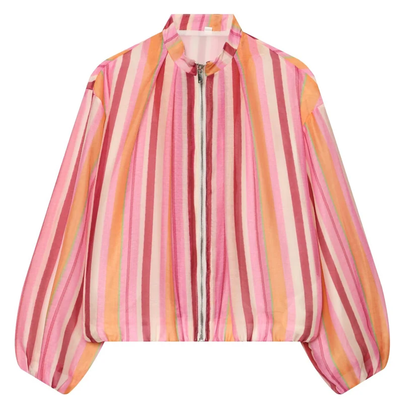 Gestreifte Damen-Cropped-Jacke, mehrfarbige Reißverschlussjacke für Damen, Herbst, lockere Passform, leichte Oberbekleidung, Damen-Langarm-Oberteil – Detail 7