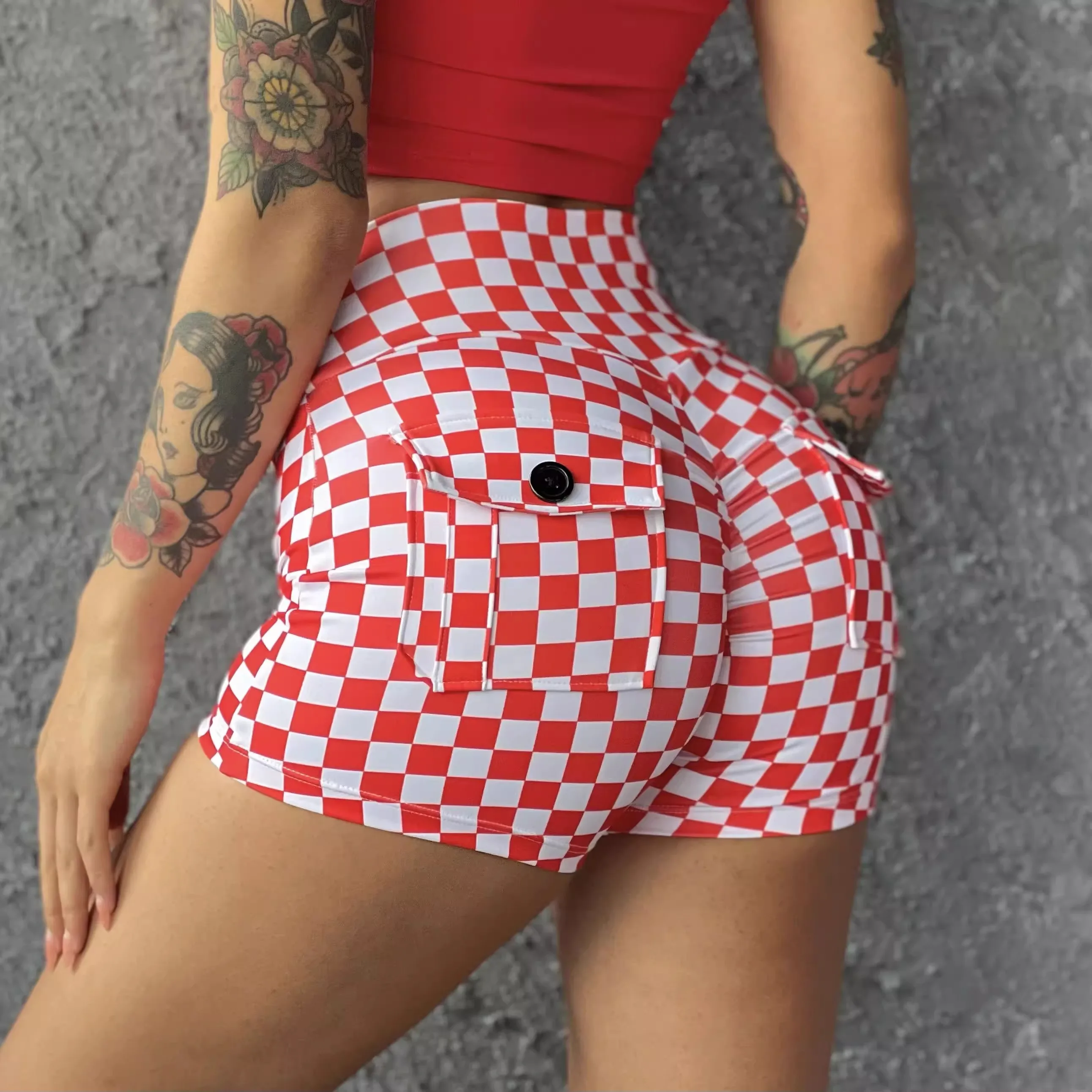 

Checkerboard Pattern Sports Fitness Yoga Shorts For Women Hip Lifting High Waist Tight Slim Breathable Summer Gym Running Shorts