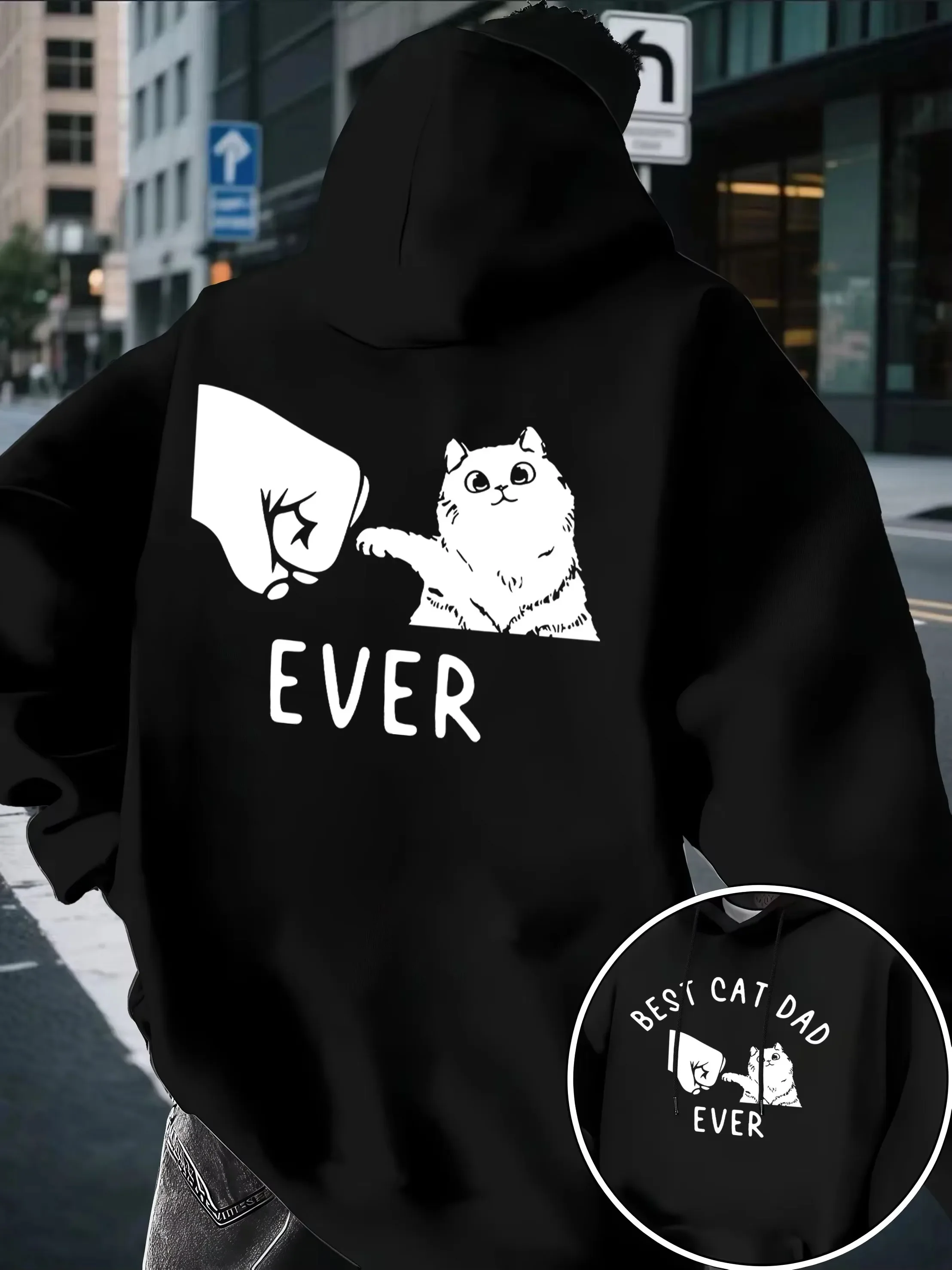 Autumn and winter new men's and women's hooded sweatshirt with pockets, double-sided printed cat pattern, comfortable fabric