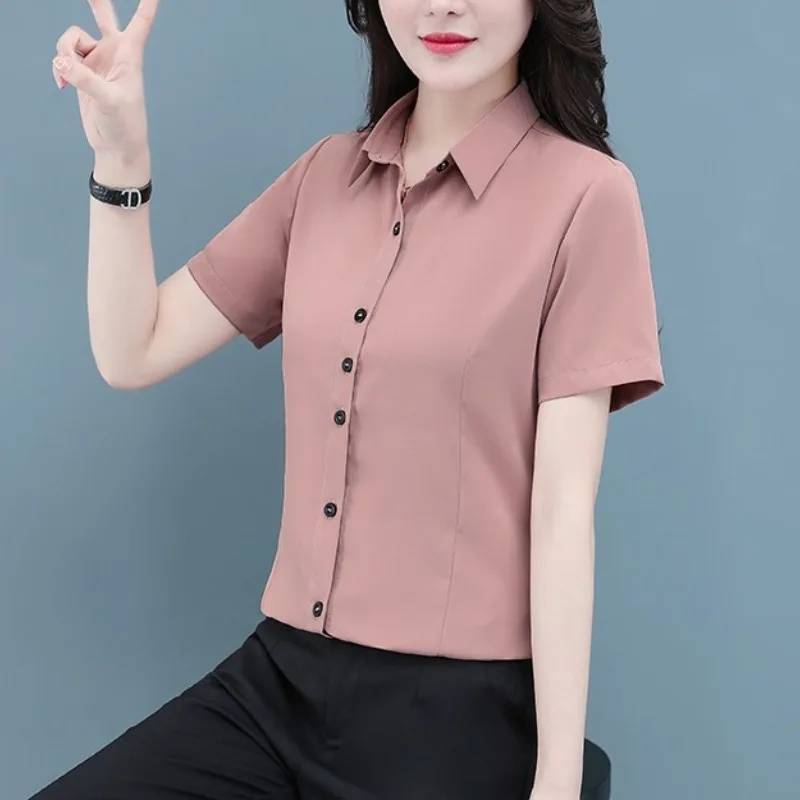 Summer Turn-down Collar Solid Color Button Up Short Sleeve Chiffon Cardigan Women\'s Clothing Shirt Minimalist Casual Tops