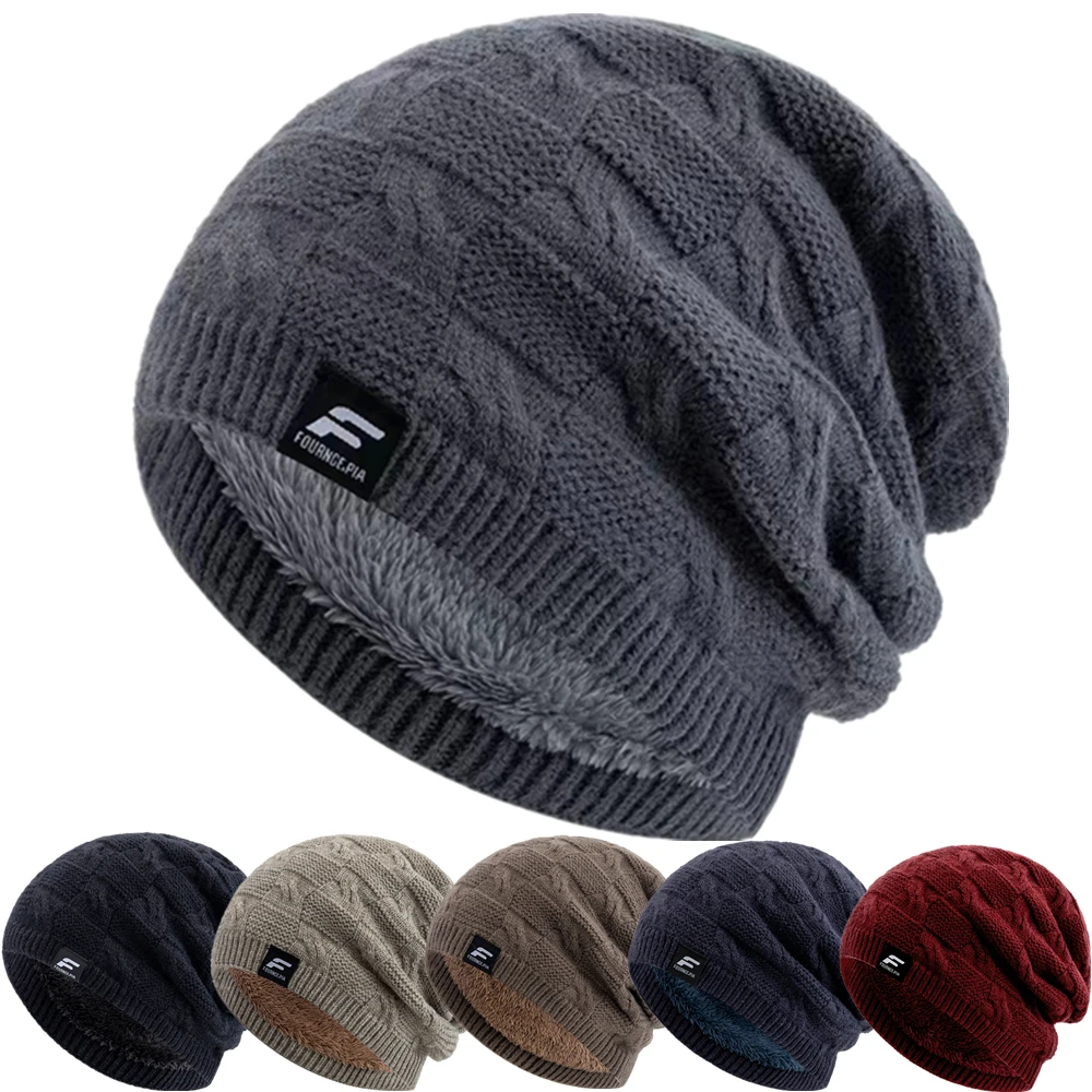 Unisex F Letter Winter Hats Plush Fur Lined Knit Cap For Men Women Warm Beanie Cap Casual Label Decor Winter Knitted Hats