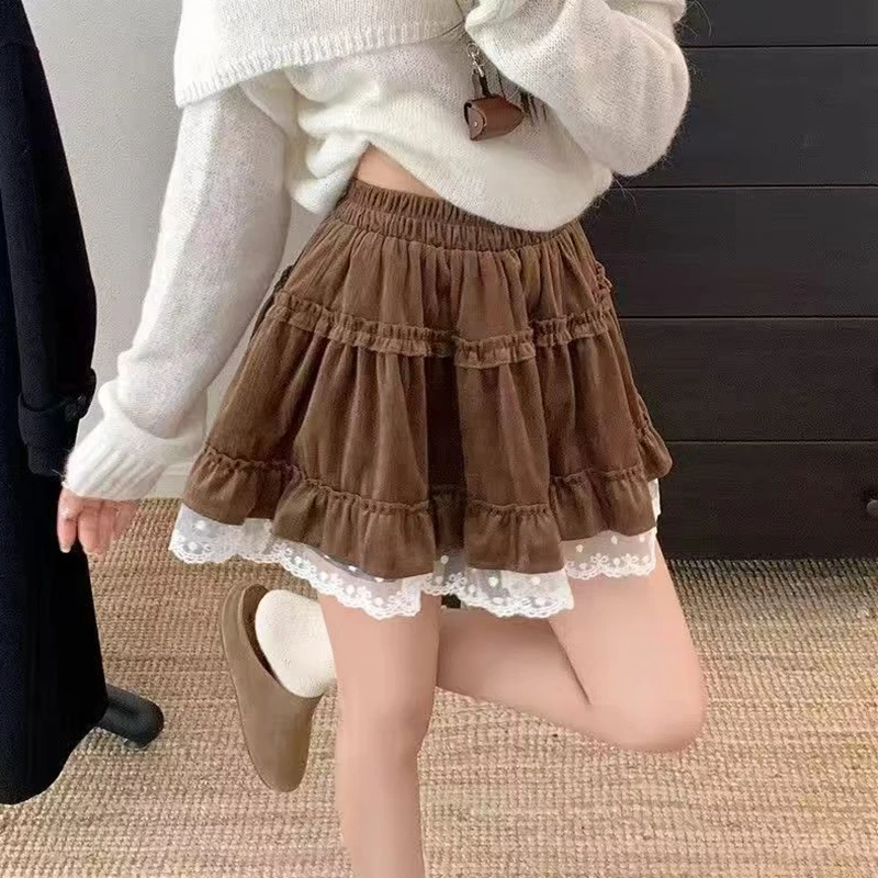 Lace Patchwork Sweet Ball Gown Mini Skirts Casual High Waist Korean Fashion Y2k Clothes Spring Summer Kawaii Skirt for Women