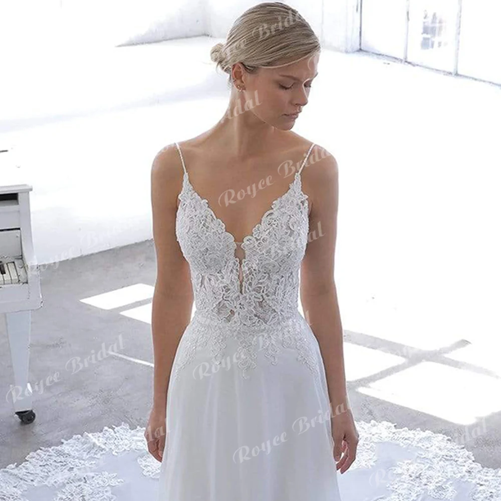 Boho V Neck Spaghetti Straps Lace Appliques Chiffon A Line Wedding Dress For Women Sexy Bridal Gown Sweep Vestidos De Novia Robe