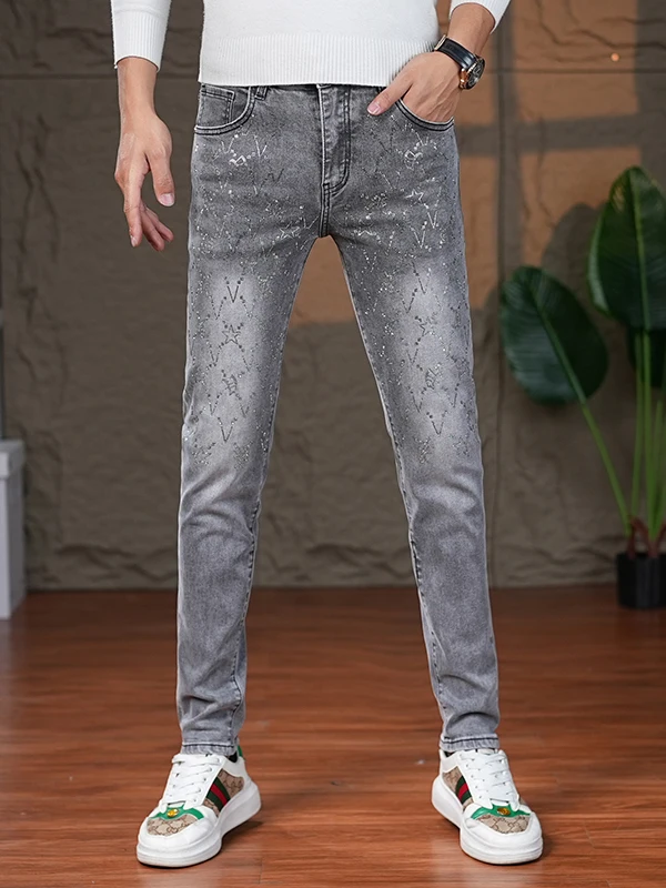 

High-End Rhinestone Smoke Grey Men's Jeans Slim Fit Casual Elastic Cotton Denim mid Waist Zipper Closure Wear Resistant