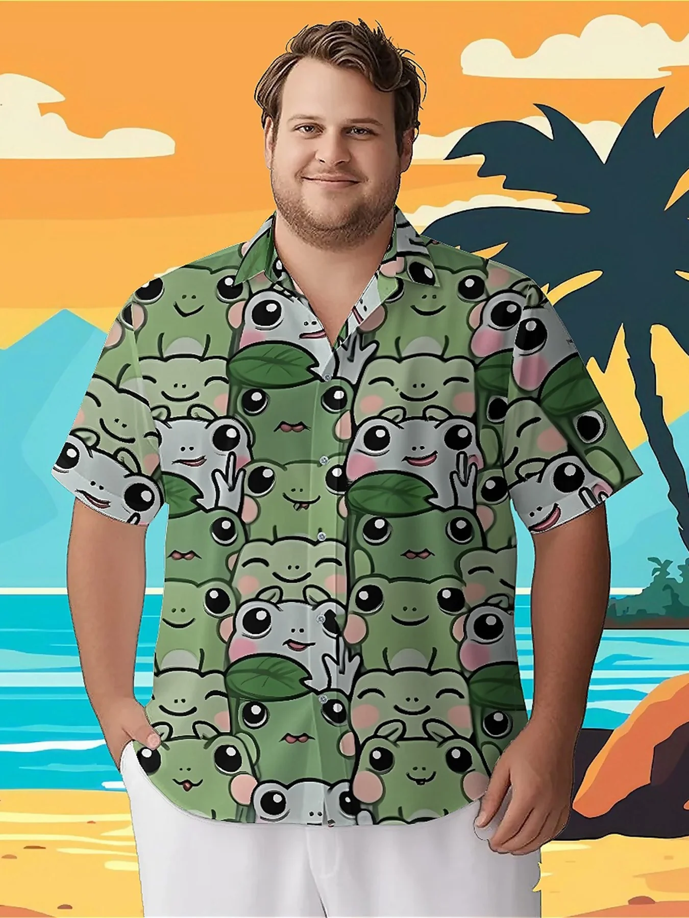 

Men's Plus Size Hawaiian Shirts Frog Theme Cute Cartoon pattern, Button Up Shirts, Unisex Casual Clothing, Summer Tops