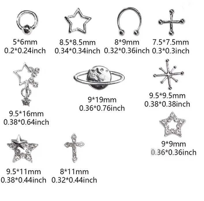 80 piezas de adornos de estrellas para uñas acrílicas, decoración de aleación de estrellas, planetas y cruces plateadas, piedras y joyas para uñas 2