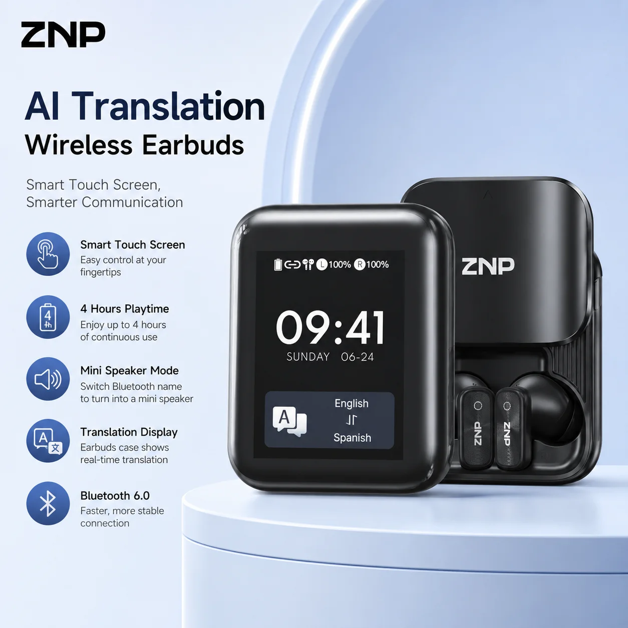 ZNP N07 AI Translation Wireless Earphones Smart Touch Screen LED Power Display In-Ear Earbuds Long Battery Wireless Headphones