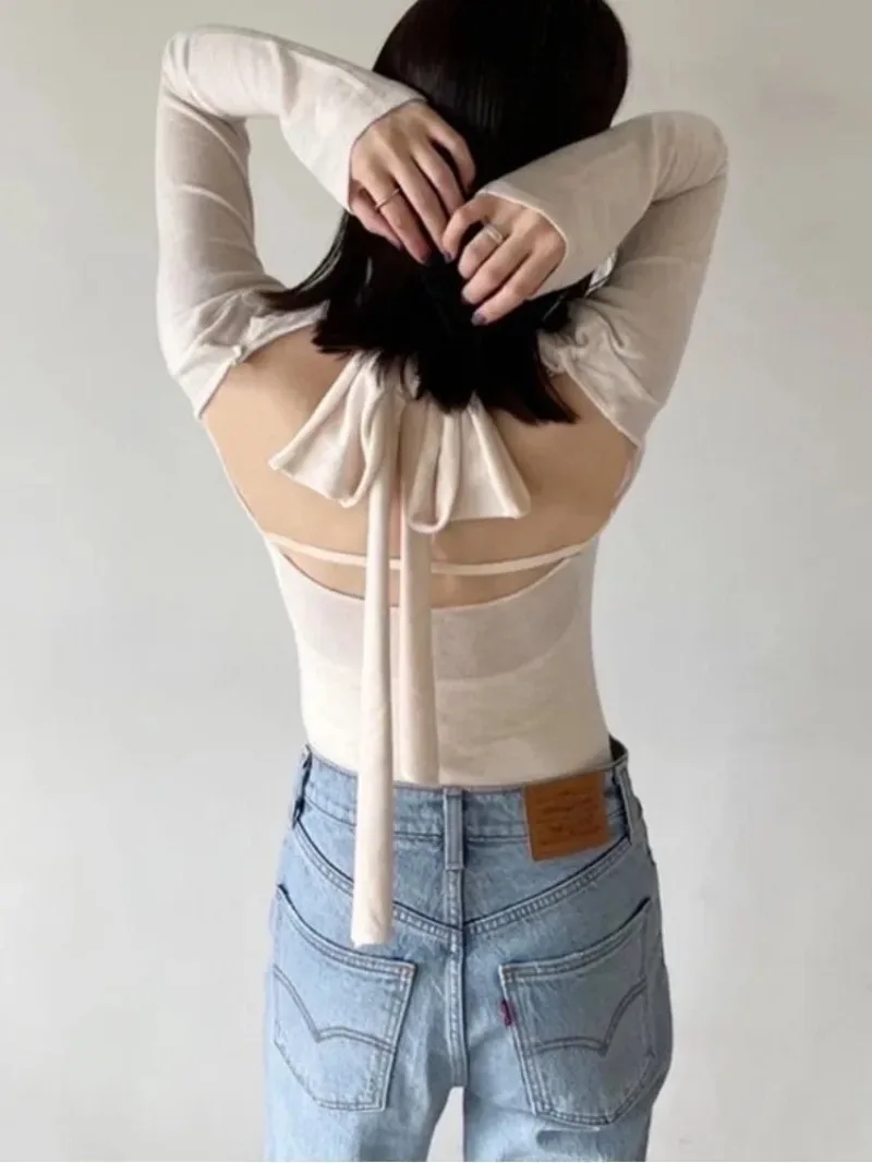 Feminino Backless Lace-up Sweater Long Sleeve Ropa Mujer Japan Pullover Spring 2024 Womens Clothing Knitwears with Camis