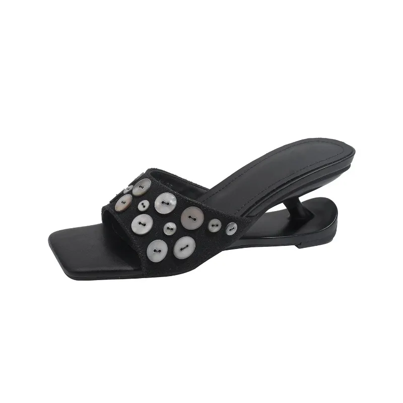 2026Square Toe Shell Button Decor Women Slippers Summer New Designer Wedge Heel Sandals  Beach Holiday Shoes view 6