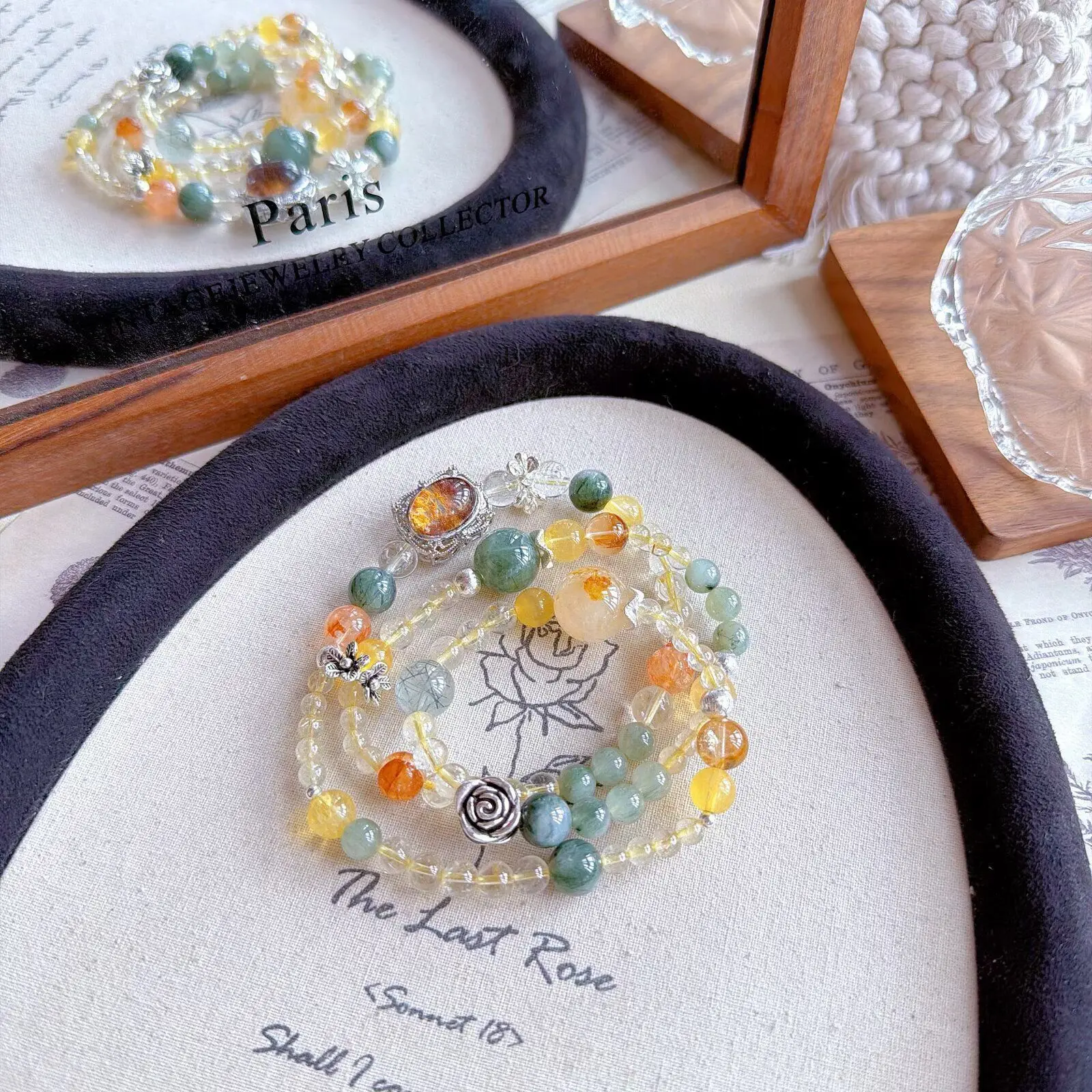 Chinese Style Lucky Three Layer Natural Phantom Crystal Green Rutilated Quartz Yellow Fluorite Beaded Bracelet 6-7mm Fortune Att