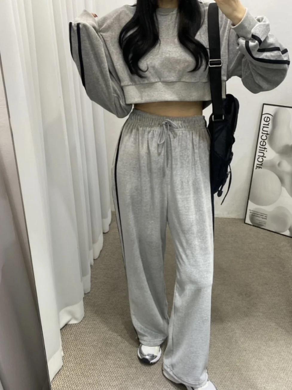 

Женский свободный комплект: худи с двойными полосками и брюки на флисовой подкладке, теплый повседневный модный ансамбль из хлопка, зима 2023