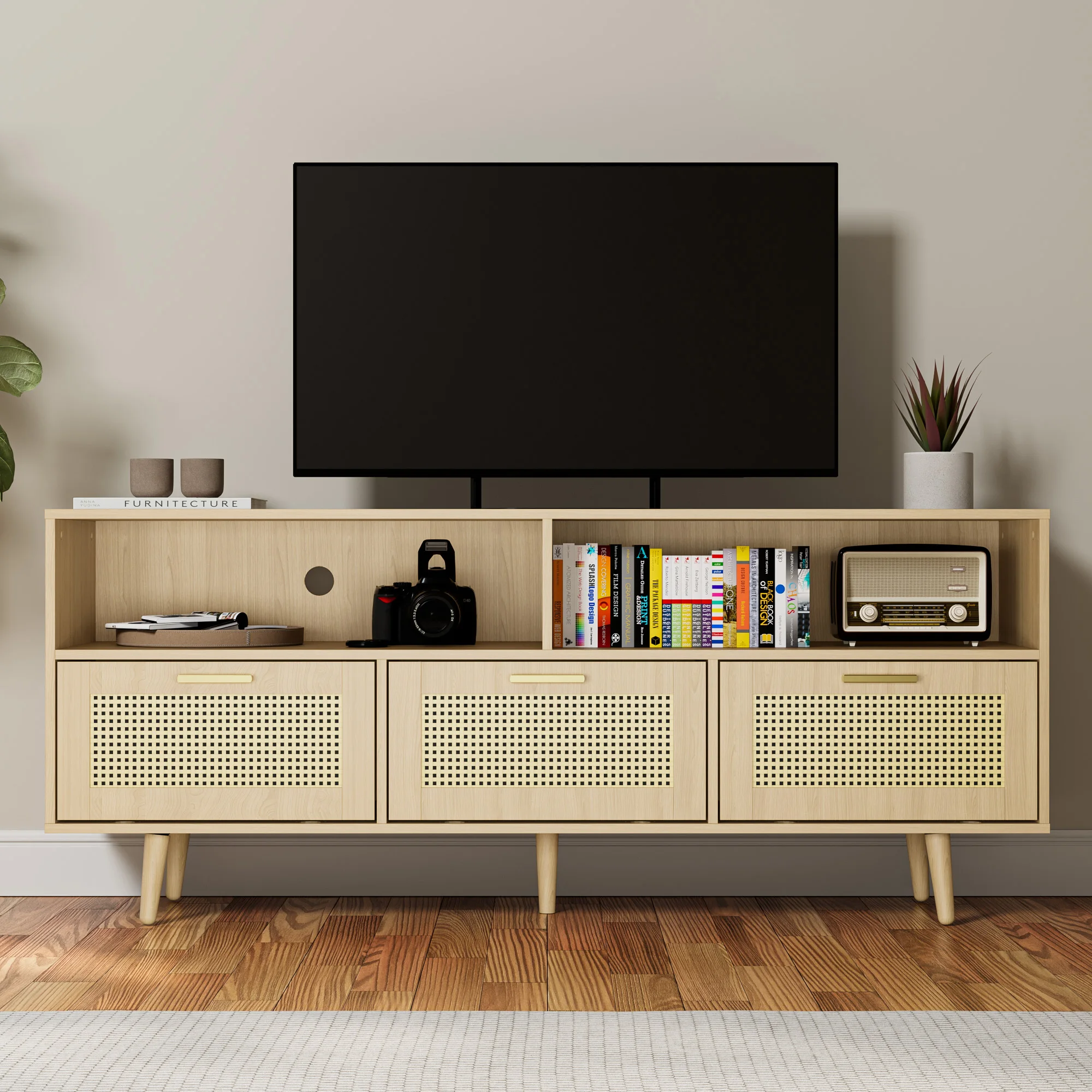 Rattan TV Stand with Storage for 65/70 Inch TV, 61