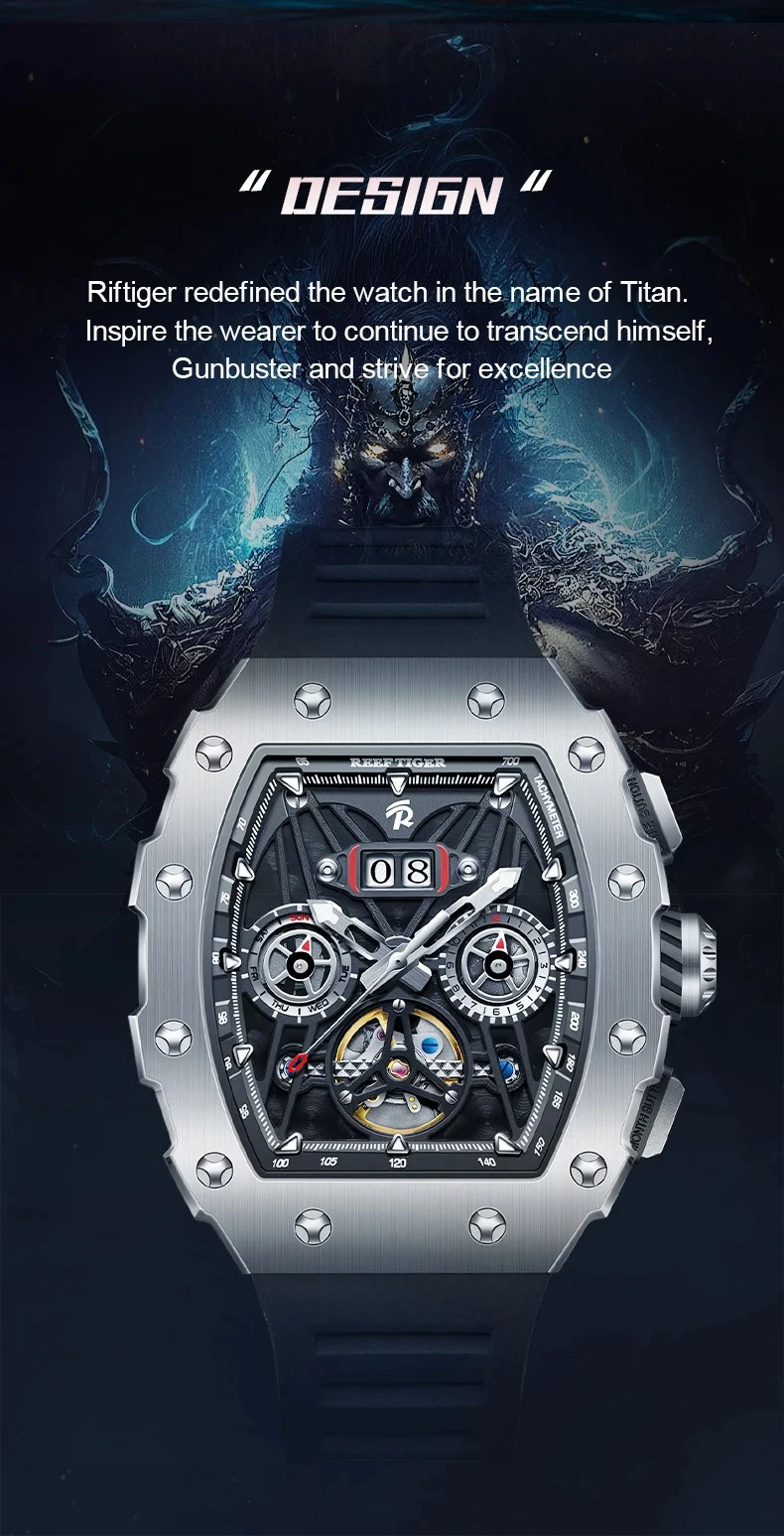 ريف النمر الرجال ساعة أوتوماتيكية 42.5 مللي متر الفاخرة الميكانيكية ساعة اليد تونيو مضيئة مقاوم للماء الهيكل العظمي الهاتفي شهر أسبوع التاريخ