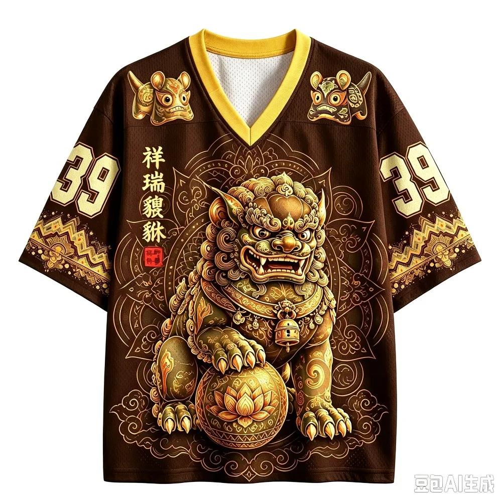 Chinesisches Phönix-Löwen-3D-Druck-Design, lässiges, atmungsaktives T-Shirt mit V-Ausschnitt für Damen und Herren – Y2K Street Hip-Hop Sportliches Oberteil – Detail 5