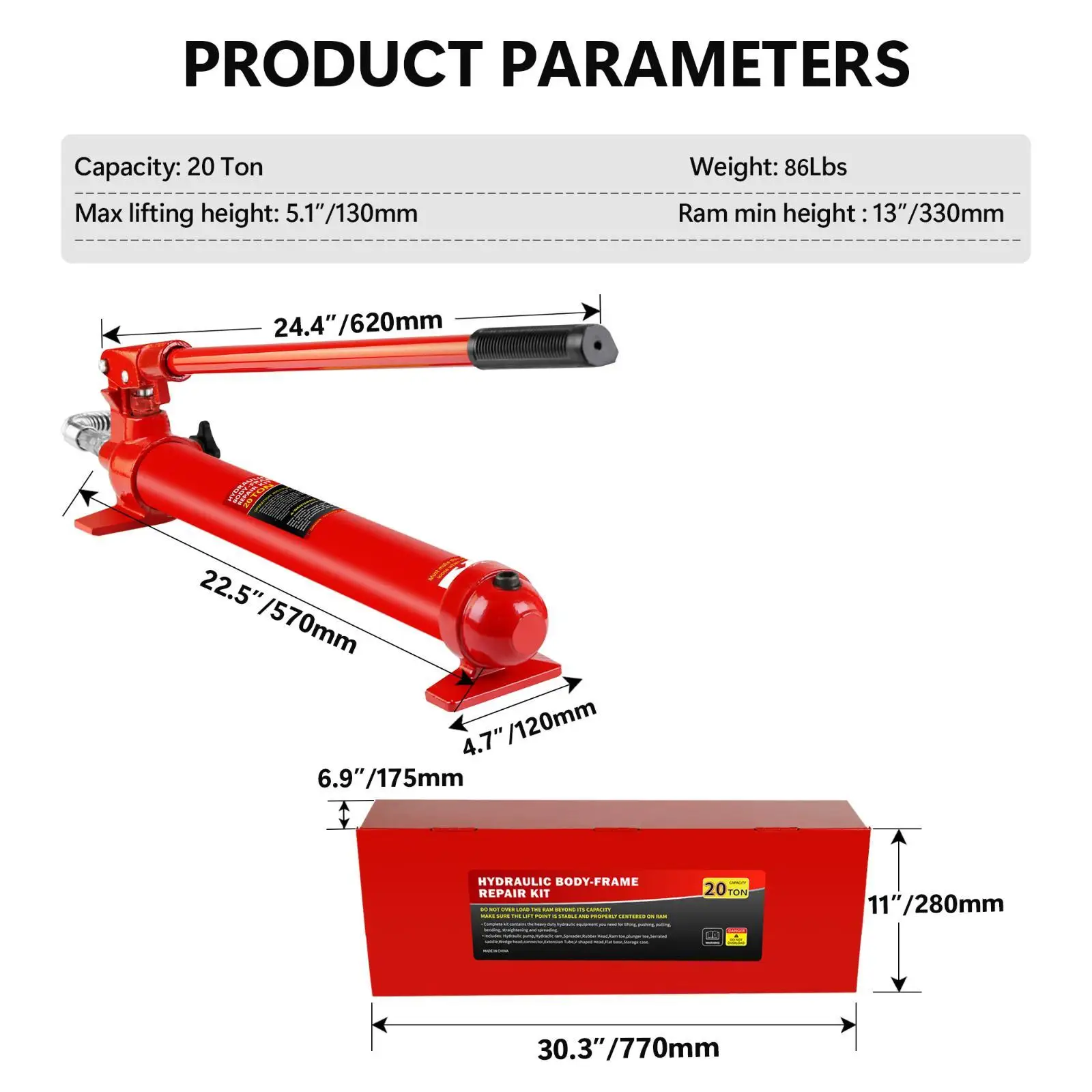 20 Ton Kit, Portable Hydraulic Jack with1.43 m Oil Hose, Car