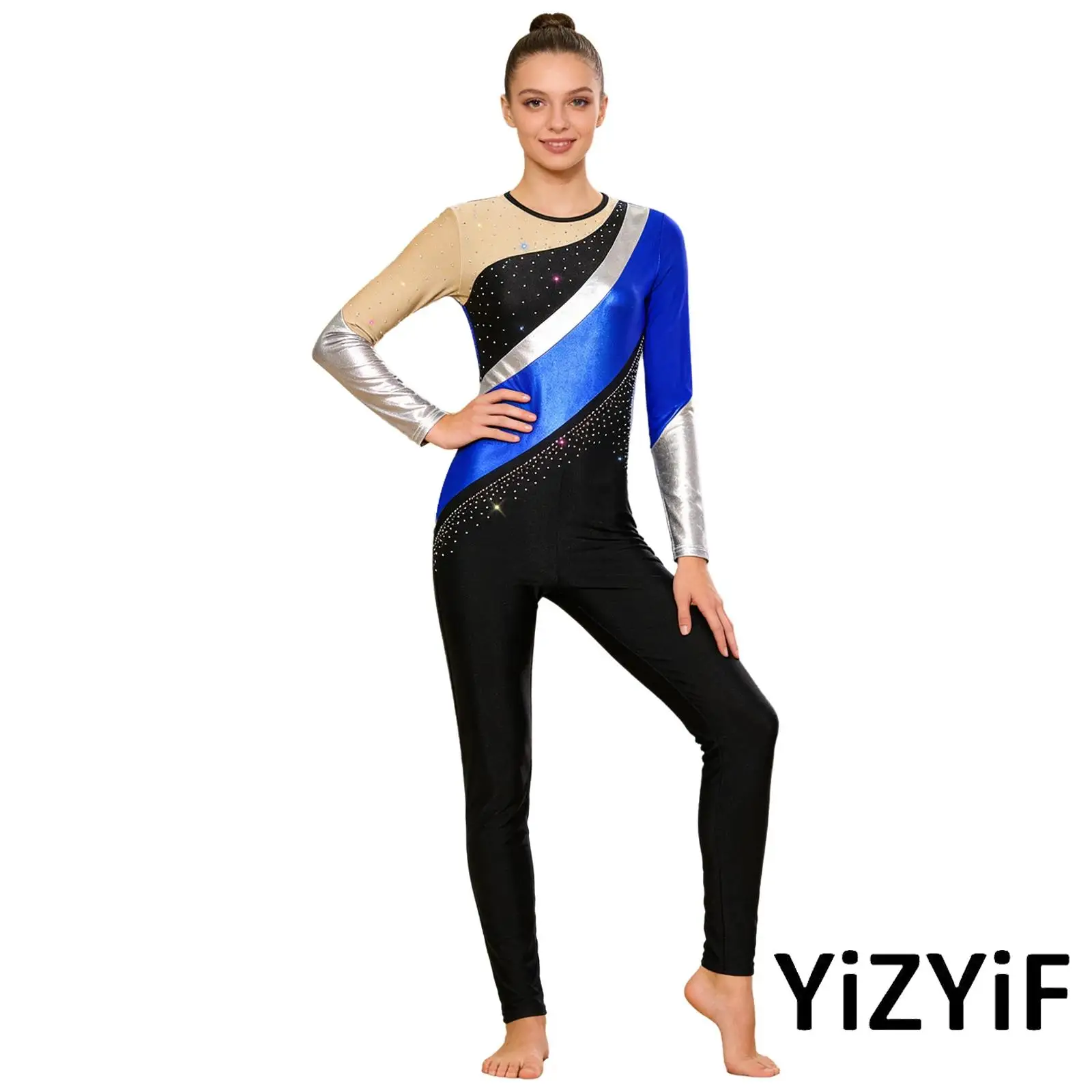 

Womens Gymnastics Lyrical Dance Costume Metallic Shiny Color Blocking Rhinestones Long Sleeve Long Pants Ballet Latin Jumpsuit