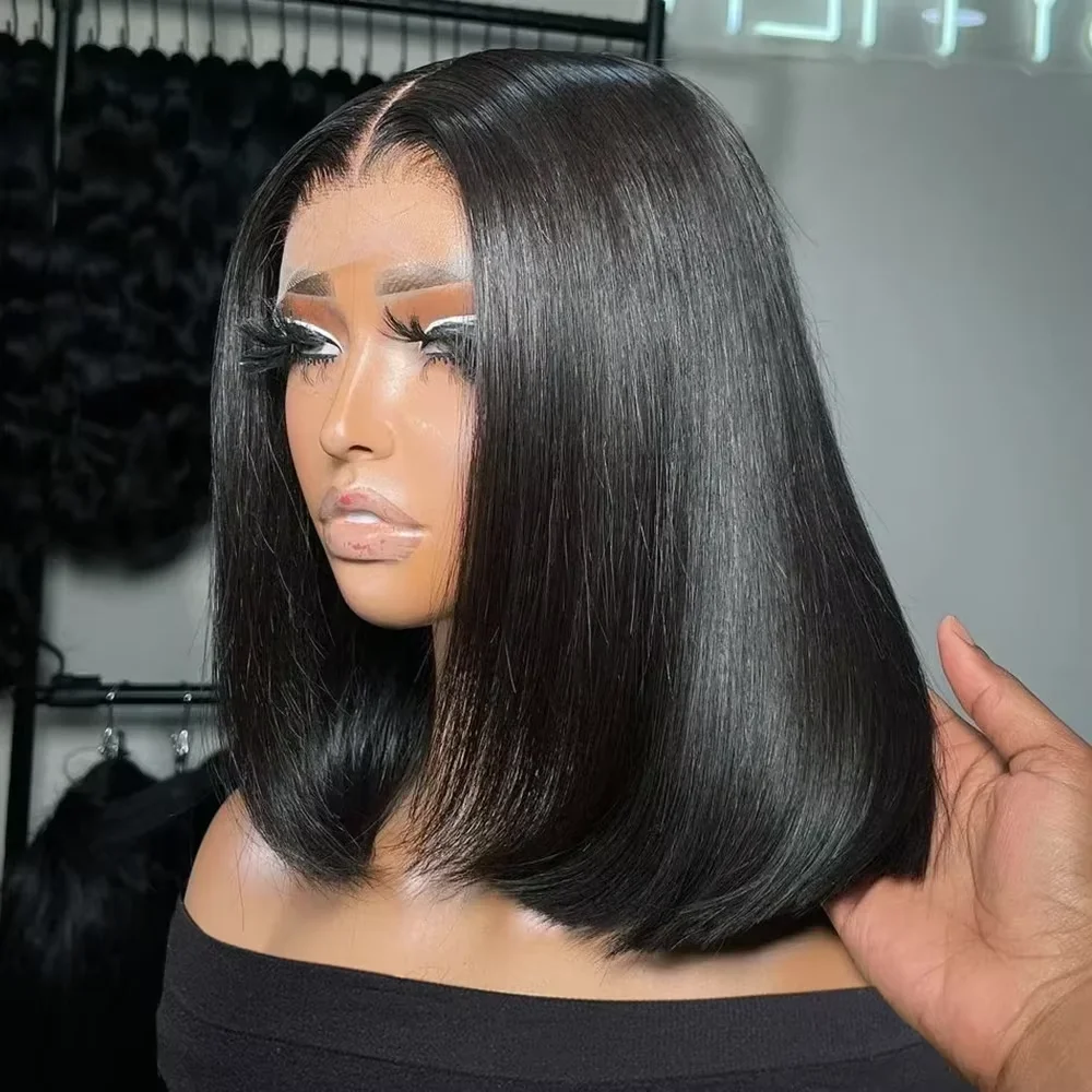 Bob-Perücke mit Spitze vorne, Echthaar, gerade, 200 % volle Dichte, 13 x 4 HD, transparente Spitze-Frontal-Perücken, Bob-Haar-Spitze-Front-Perücke für Frauen