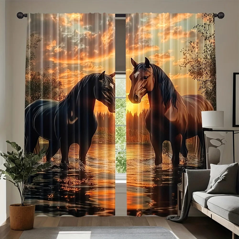 Sunset by the River Mahua Print Drapes Room Darkening Window Curtains for Home Decor,Rod Pocket Blackout Curtains Bedroom