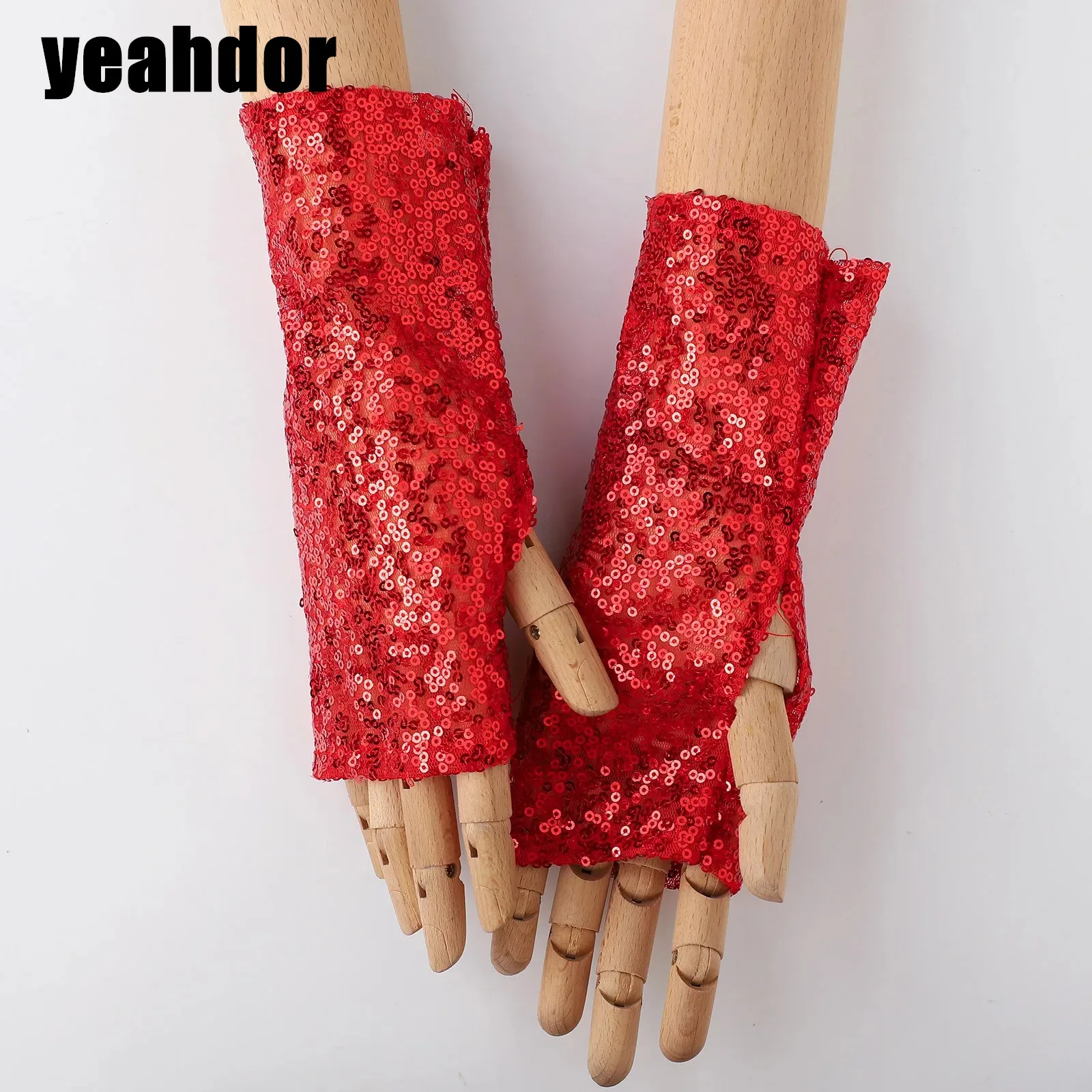 

1 Pair Shiny Sequined Gloves Fingerless with Thumb Hole Short Gloves Mittens for Opera Halloween Cosplay