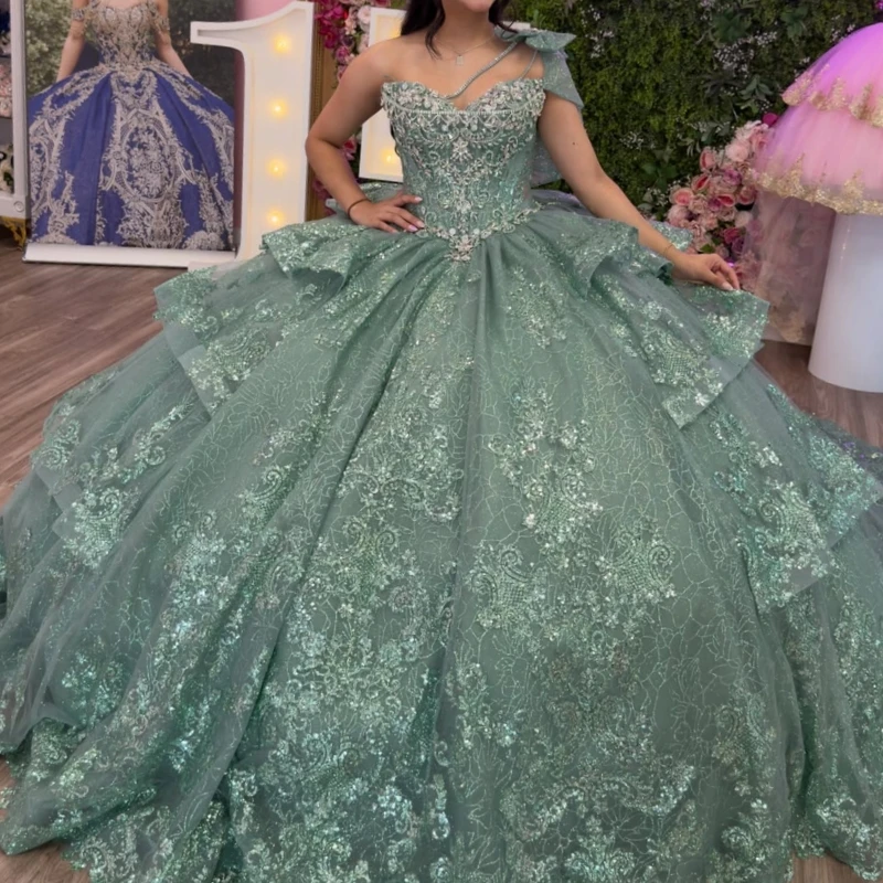 Mint Green Glitter Quinceanera Dresses Off Shoulder Ball Gown Sweet 16 Dress Sequin Applique Beads Bow Tiered Tull Corset Party
