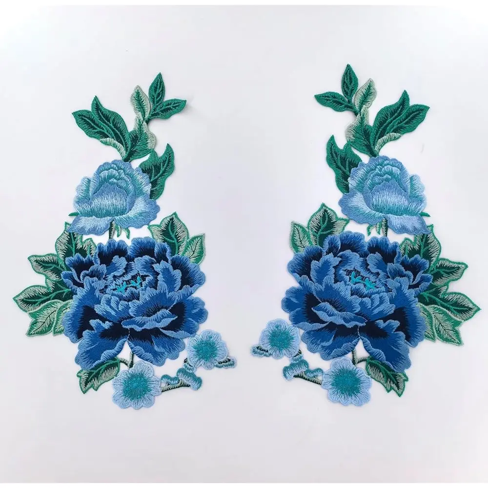 

One Pair Floral Embroidered Appliques, Flower Patches for Sewing Craft Decoration, DIY Use on Clothes, Hats & Bags (Blue Peony)