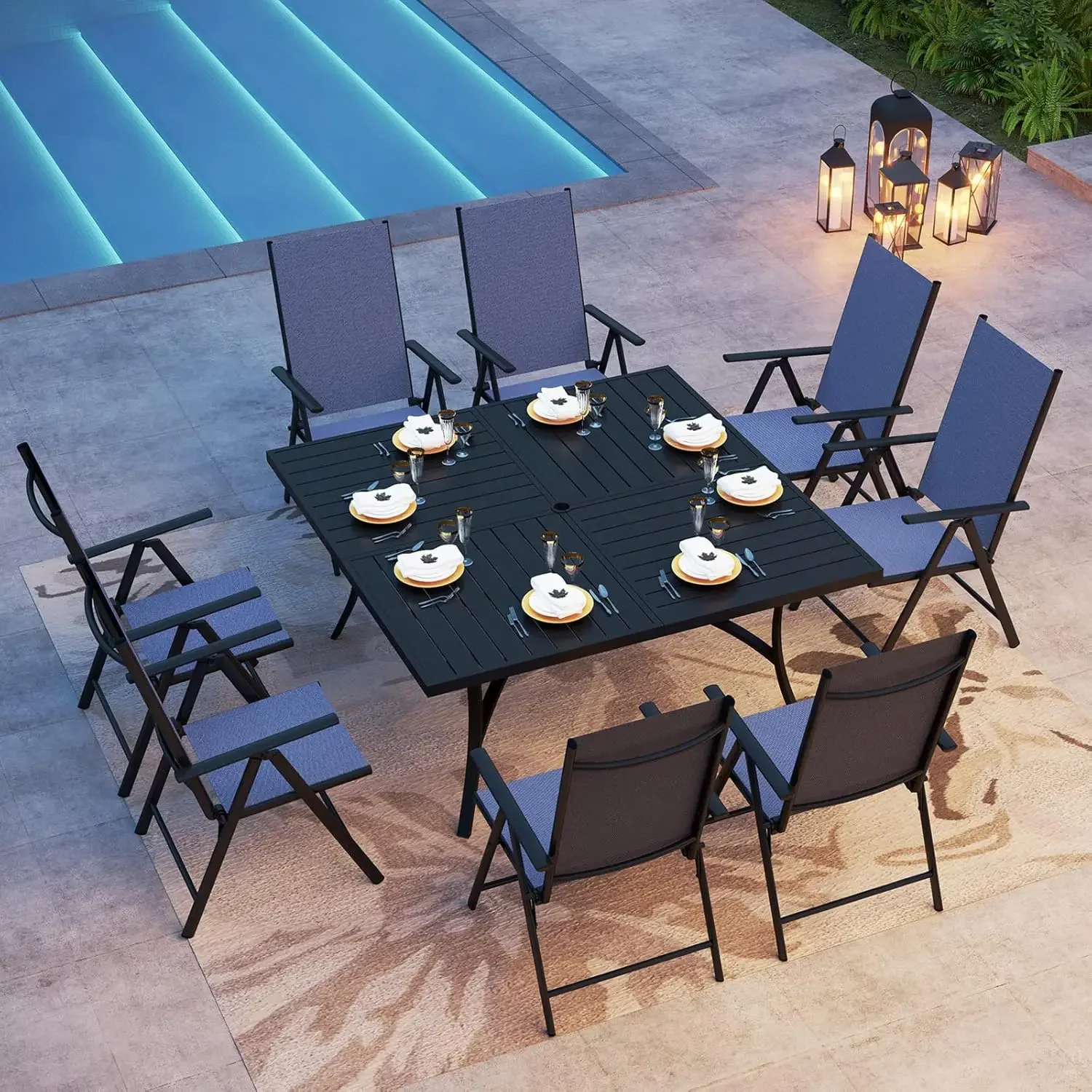 PHI VILLA 9-Piece Patio Dining Set, Outdoor Table with Adjustable Folding Chairs (Blue), Large Square Table for Garden.