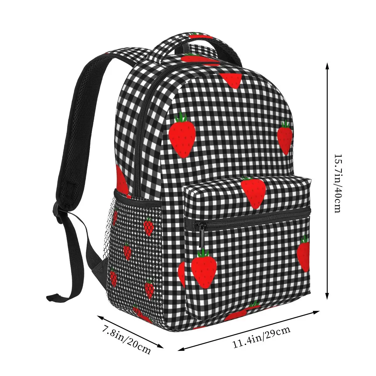 Cottagecore Strawberry Black Gingham Backpack Hot Sale Daypack Large Capacity Children BookBag School Bag Shoulder Bags