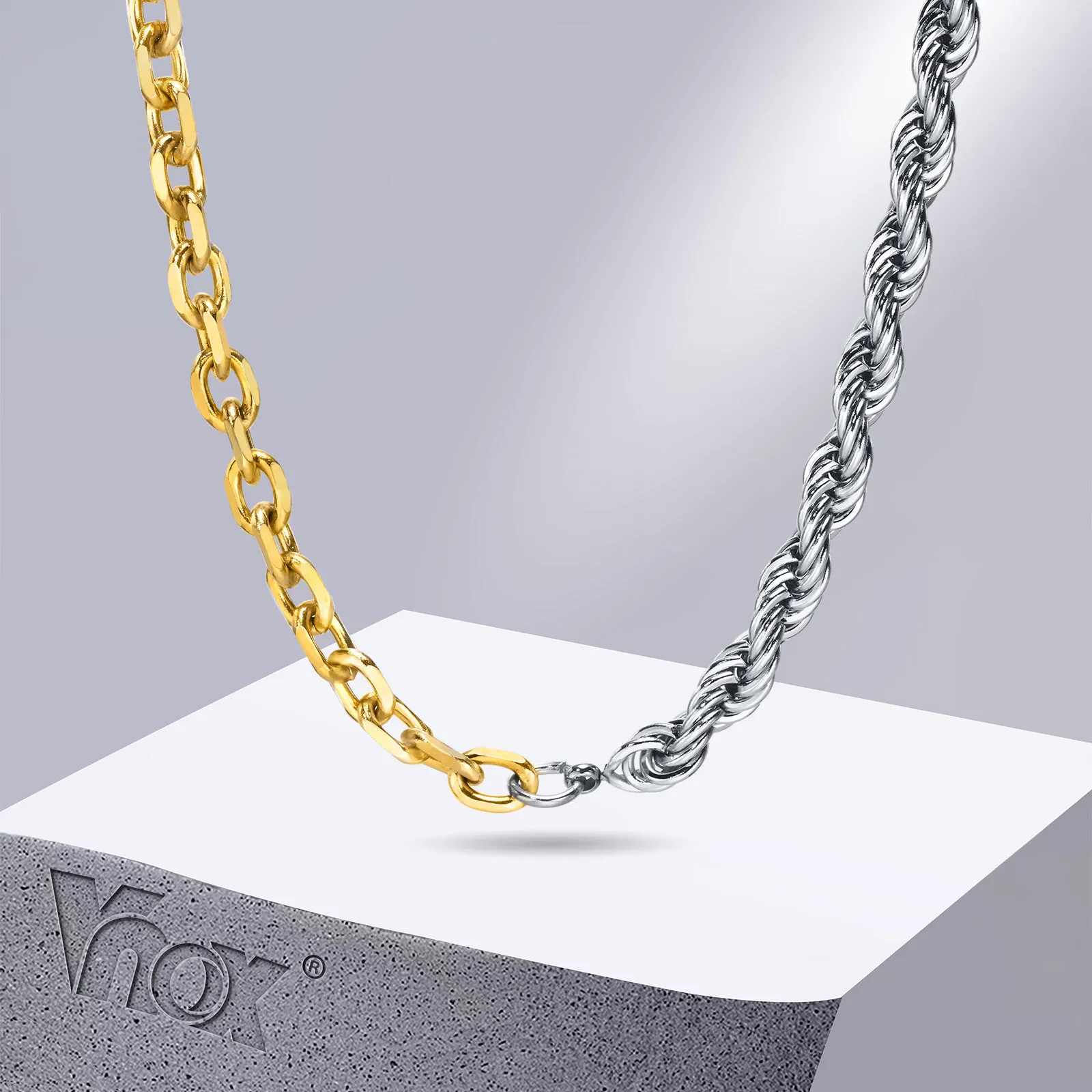 Vnox Rope Chain Necklaces for Women, Gold Color Stainless Steel Mixed Link Chain Choker Collar Gift Jewelry