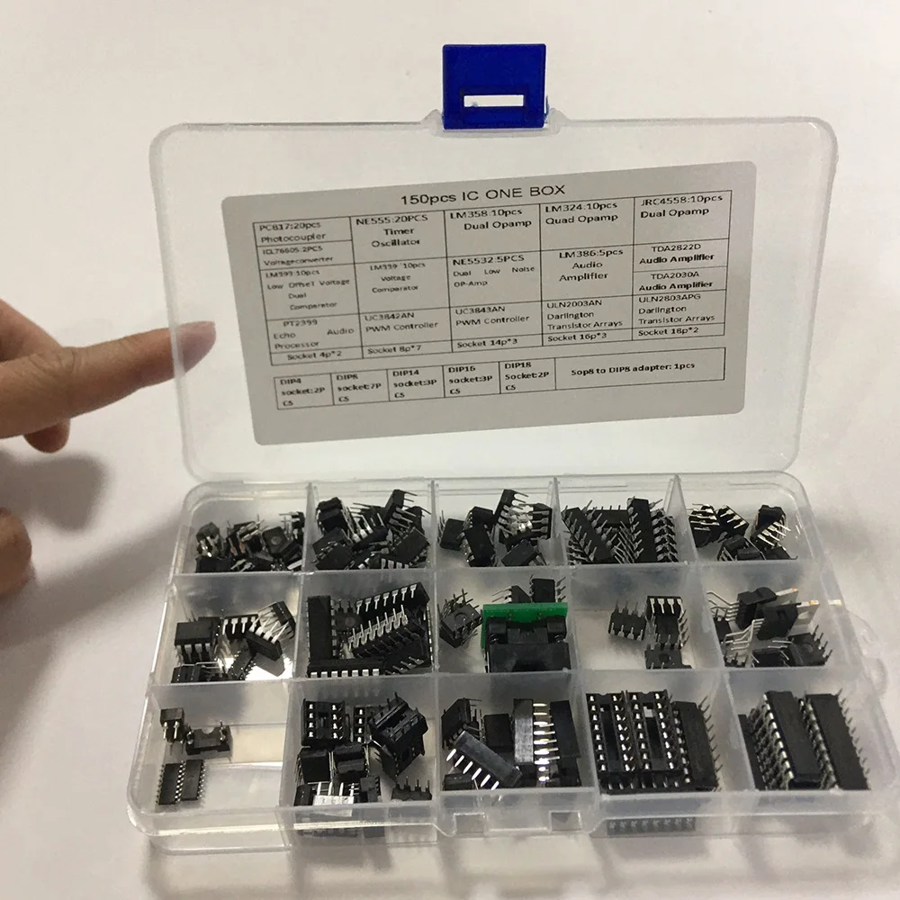 AY14 -IC Chip Assortment 150Pcs,Opamp,Oscillator,Pwm,PC817,NE555,LM358,LM324, JRC4558,LM393,LM339,NE5532 Incl. Sockets