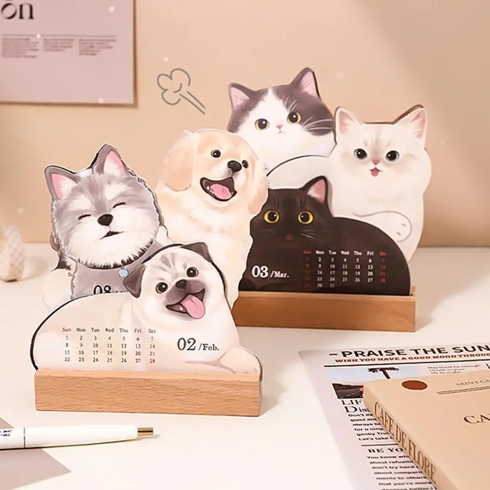 

2026 Cartoon Dog Cat Card Insert Desk Calendar Monthly Planner With Wooden Base Desktop Decor For Monthly Schedule Organizer