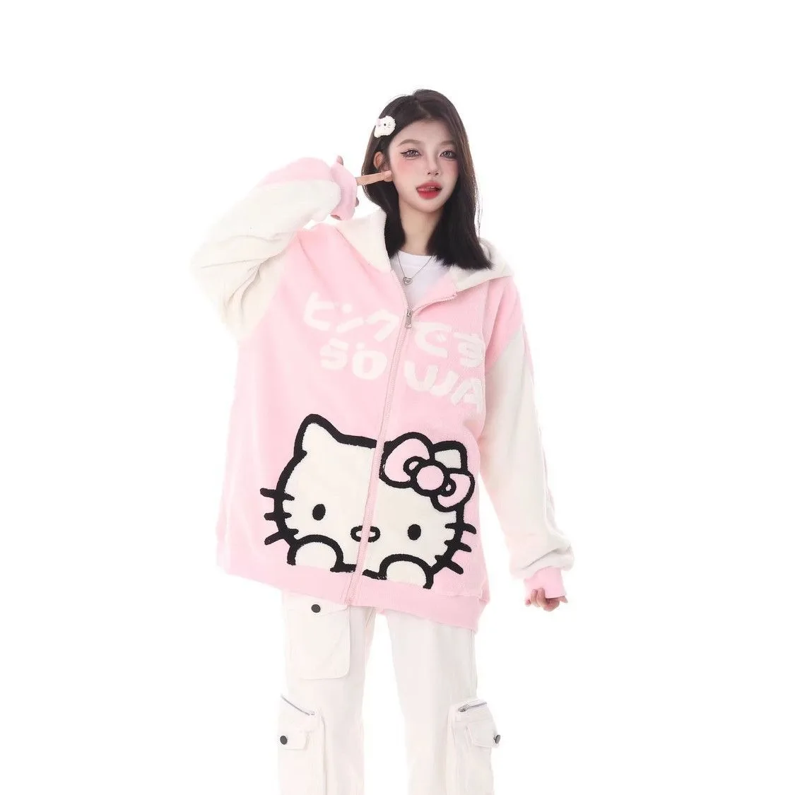 

Sanrio Hellokitty Print Hoodie Anime Cartoon Hooded Sweatshirt Kawaii Cute Sweet Top Casual Fashion Cardigan Clothing Woman Hot